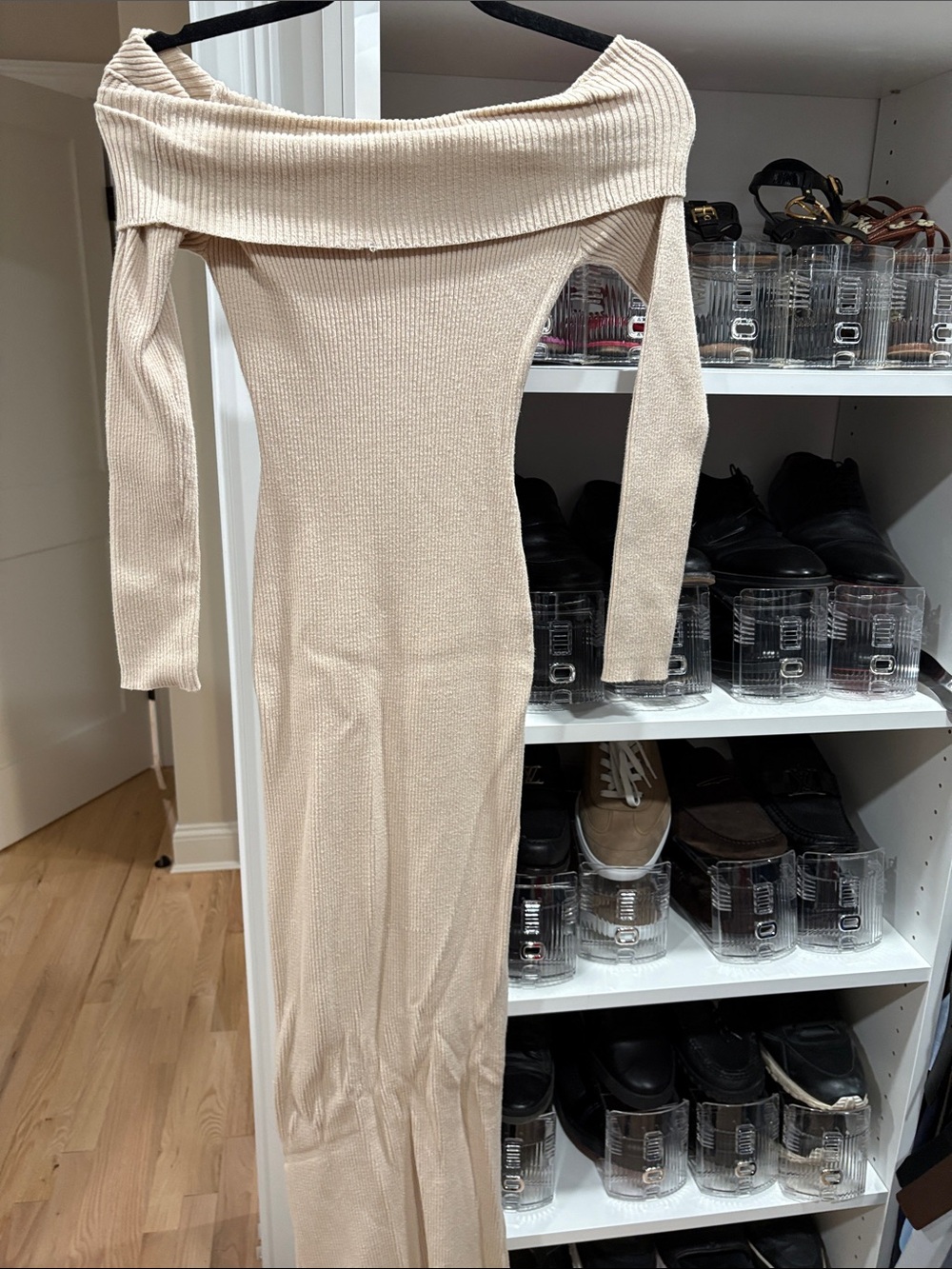 White Fox Gorgeous Off-Shoulder Ribbed Knit Maxi Sweater Dress - Cream